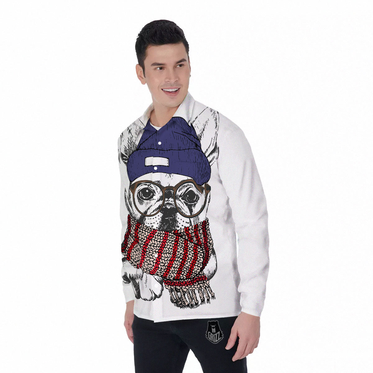 French Bulldog Wearing Glasses Print Men's Long Sleeve Shirts-grizzshop