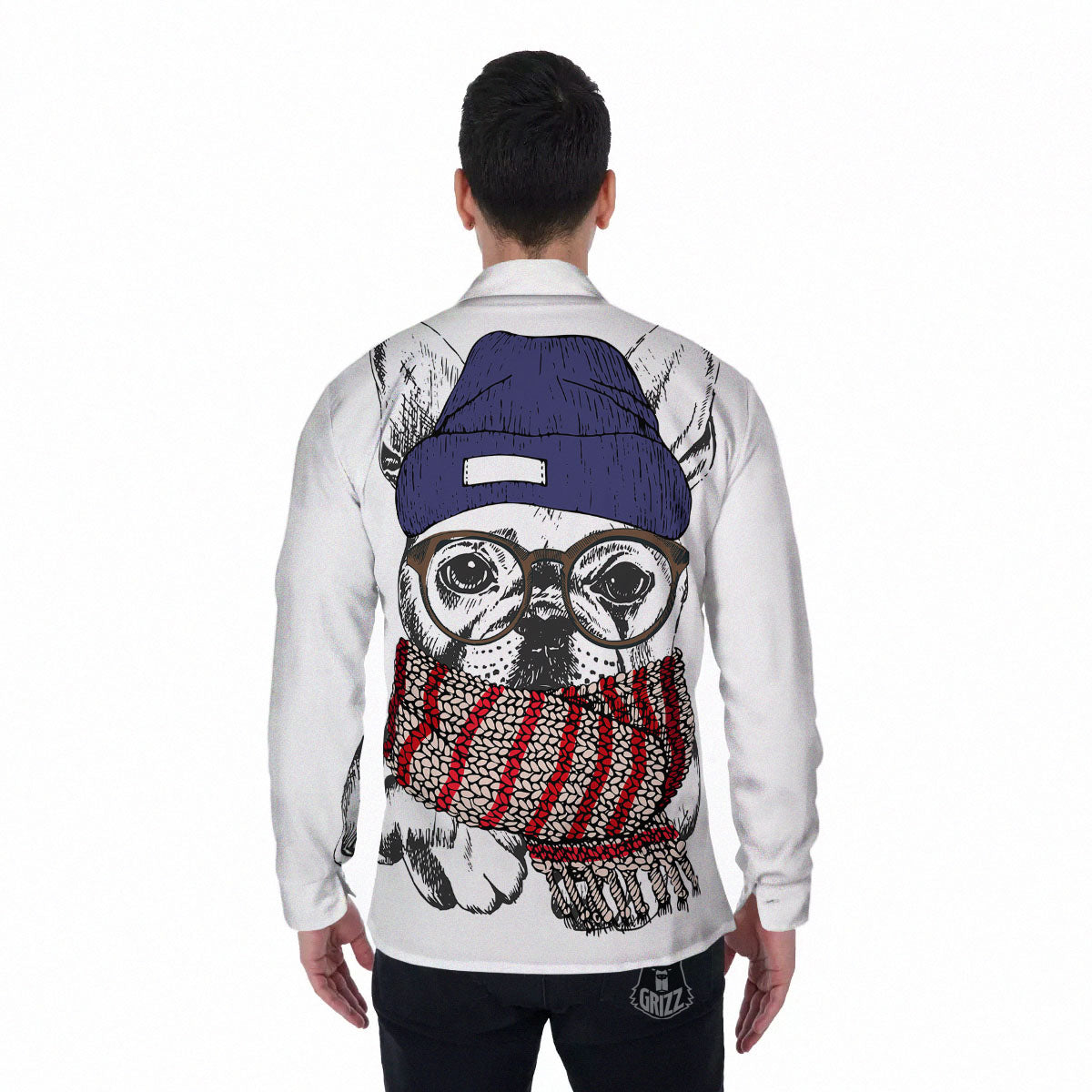 French Bulldog Wearing Glasses Print Men's Long Sleeve Shirts-grizzshop