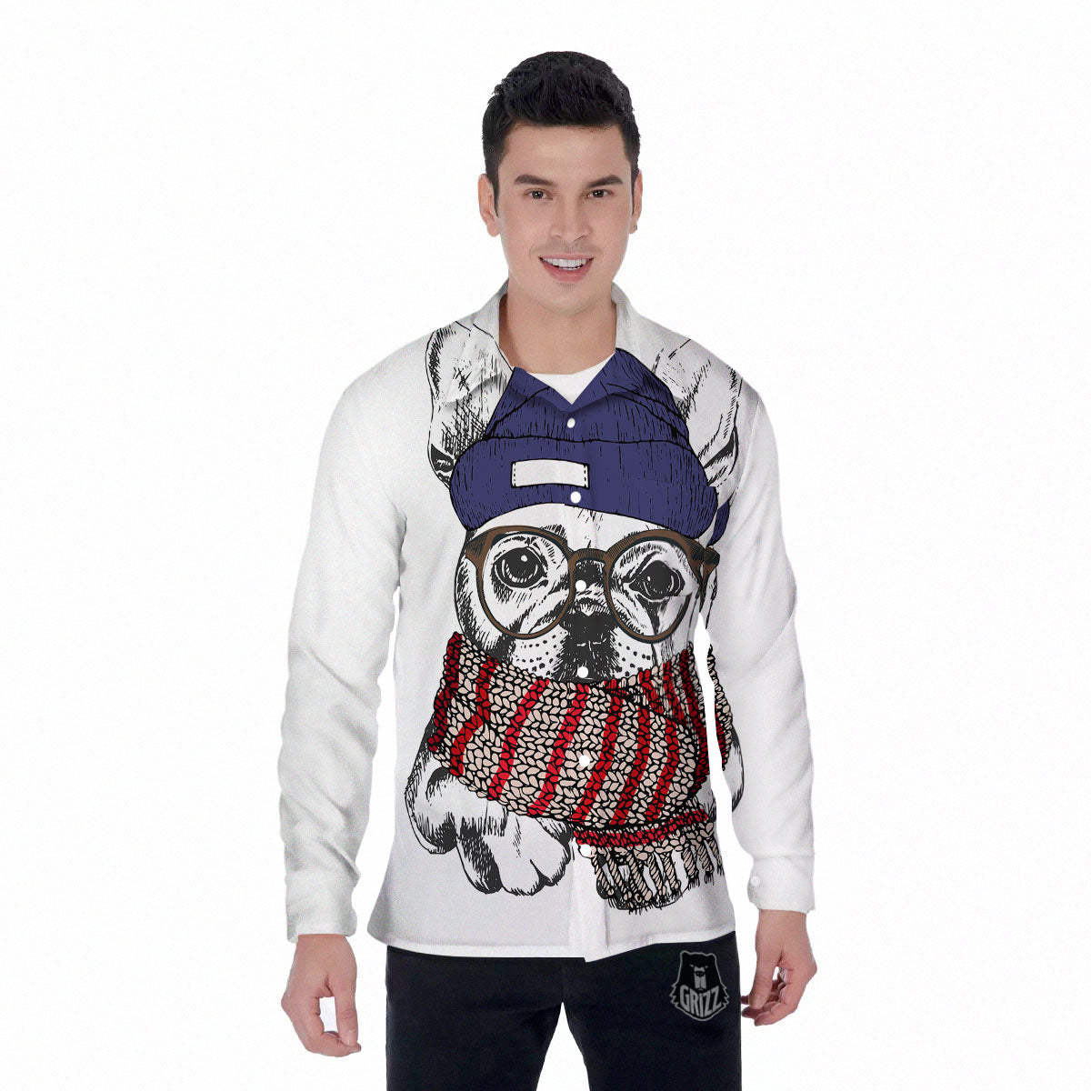 French Bulldog Wearing Glasses Print Men's Long Sleeve Shirts-grizzshop
