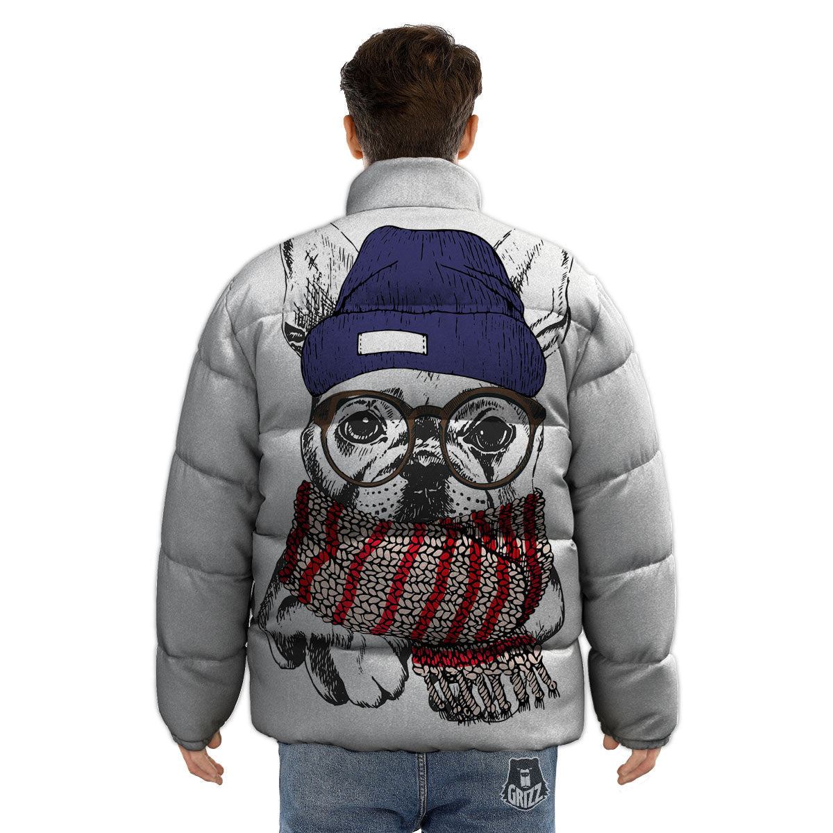 French Bulldog Wearing Glasses Print Puffer Jacket-grizzshop