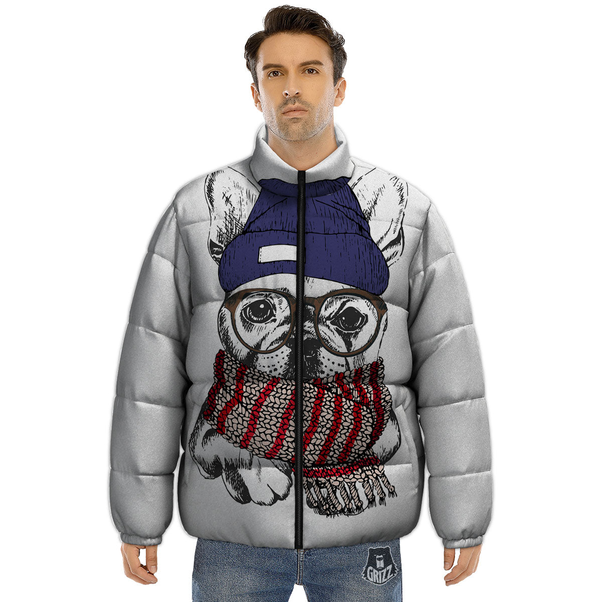 French Bulldog Wearing Glasses Print Puffer Jacket-grizzshop