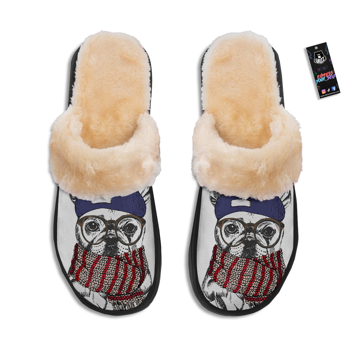 French Bulldog Wearing Glasses Print Slippers-grizzshop