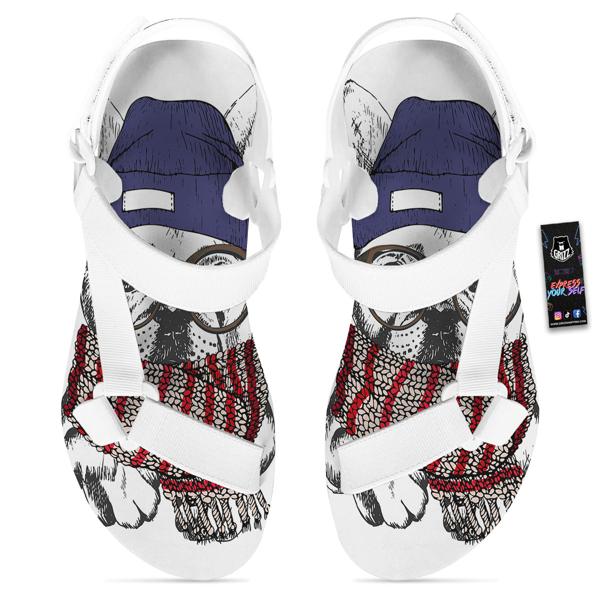 French Bulldog Wearing Glasses Print White Open Toe Sandals-grizzshop