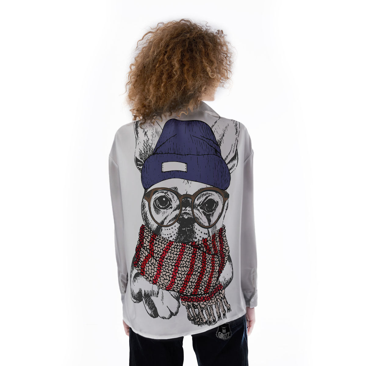 French Bulldog Wearing Glasses Print Women's Long Sleeve Shirts-grizzshop