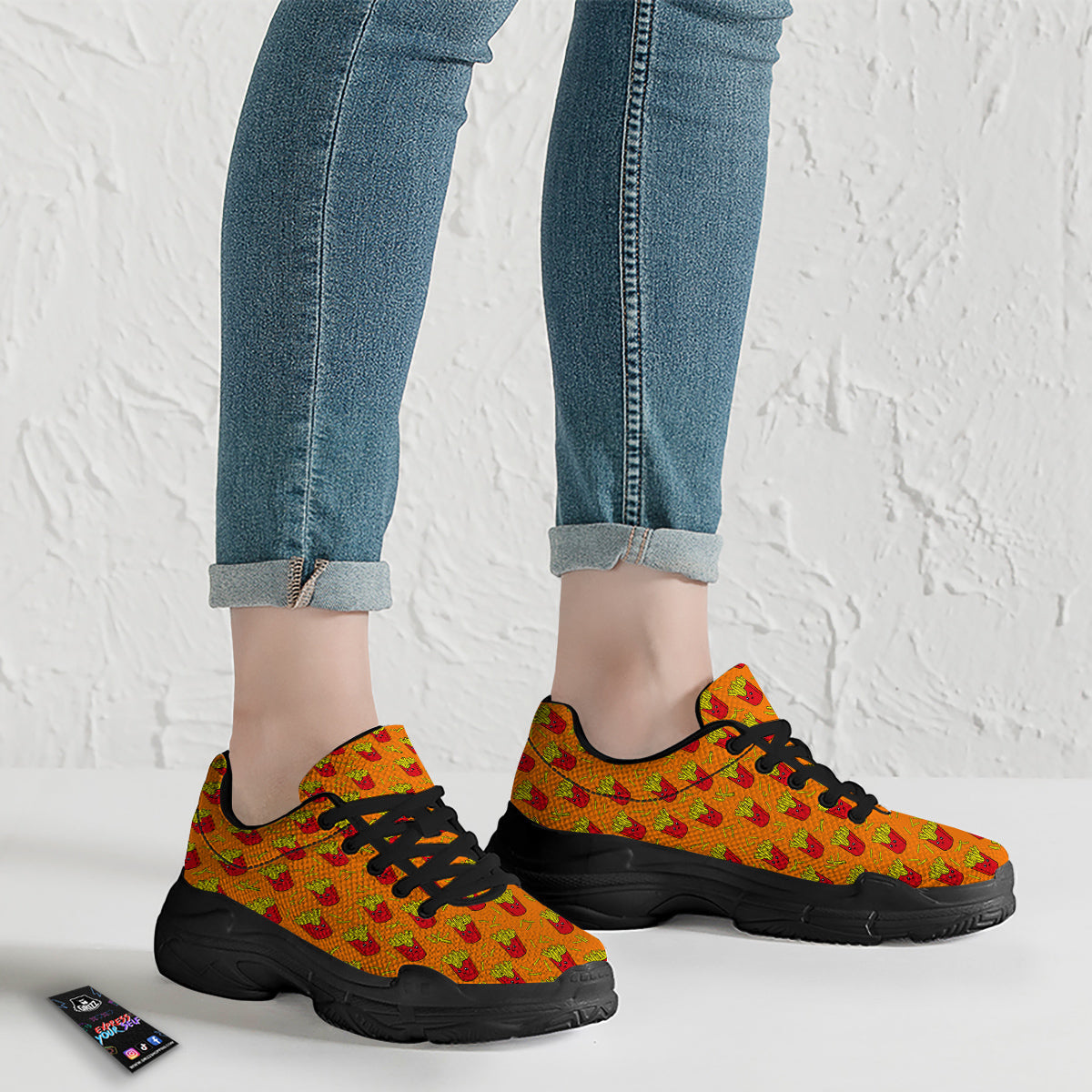 French Fries Cartoon Print Pattern Black Chunky Shoes-grizzshop