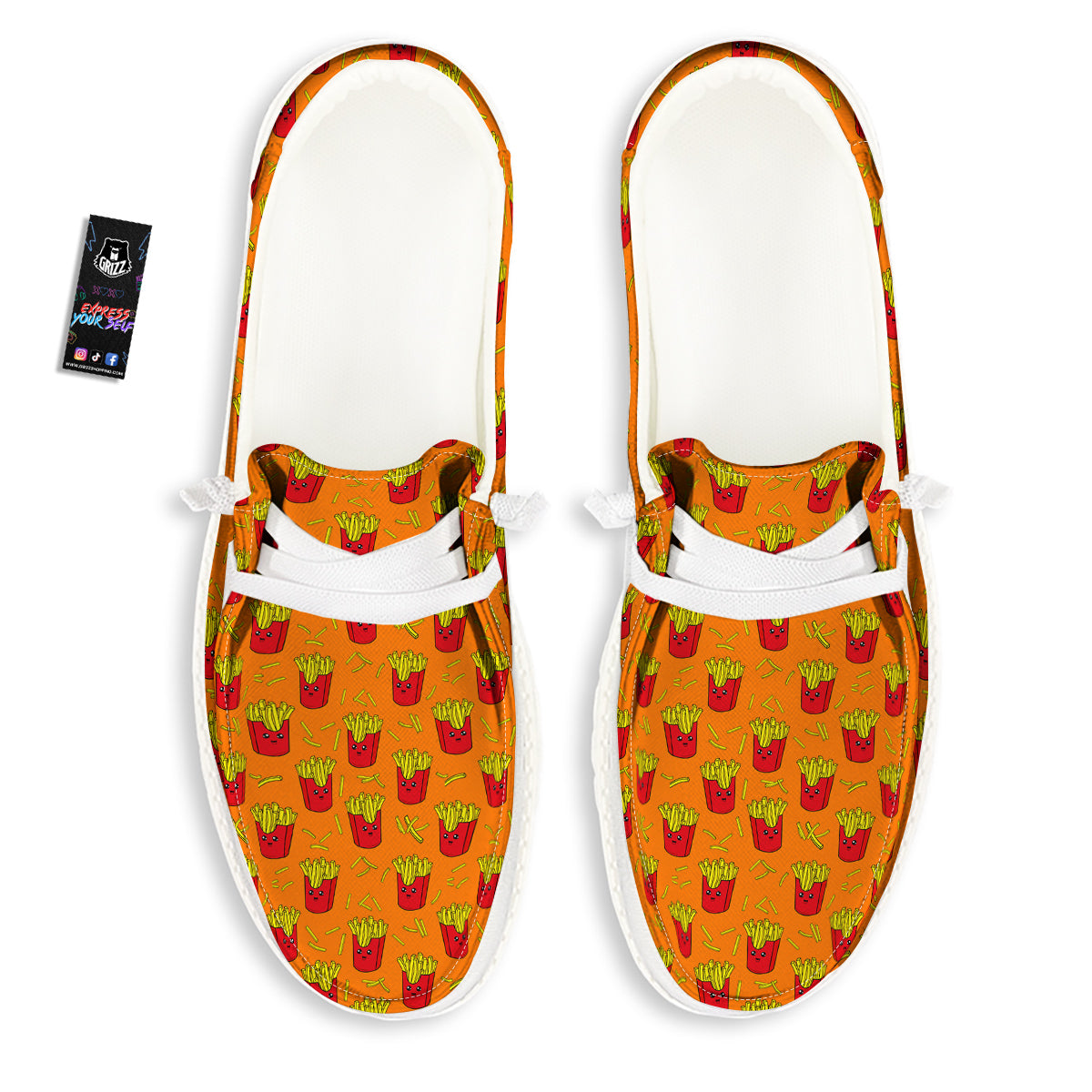 French Fries Cartoon Print Pattern White Loafers-grizzshop