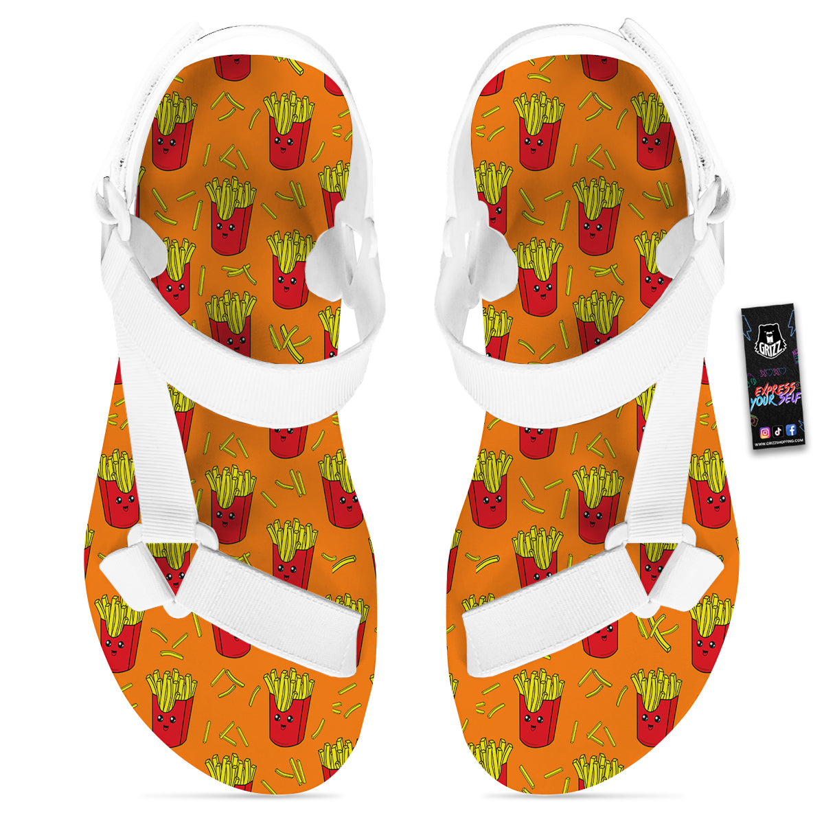 French Fries Cartoon Print Pattern White Open Toe Sandals-grizzshop