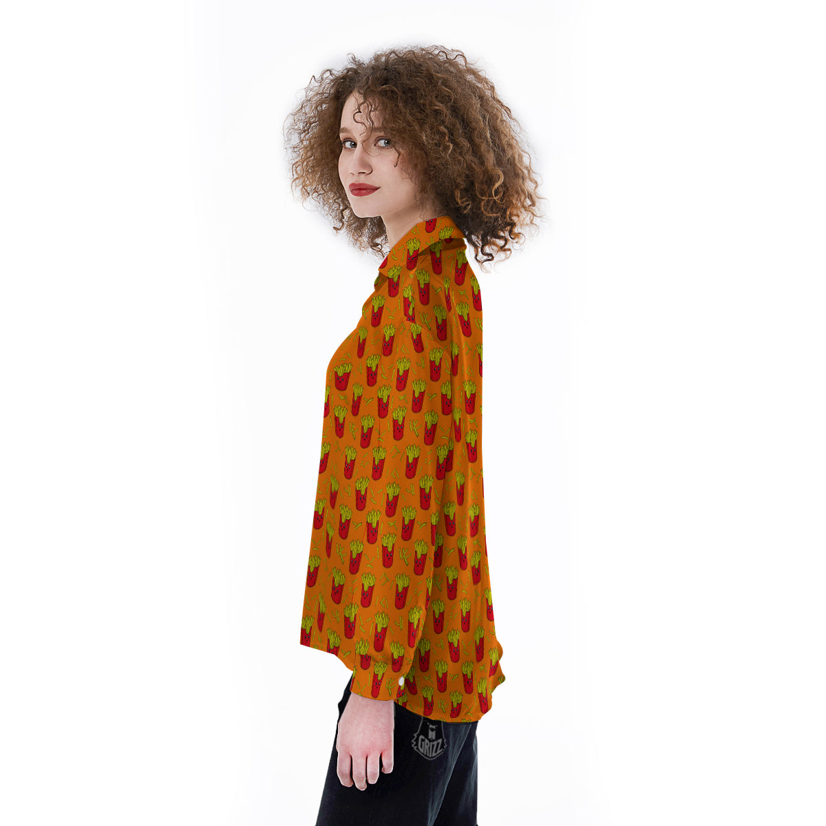 French Fries Cartoon Print Pattern Women's Long Sleeve Shirts-grizzshop