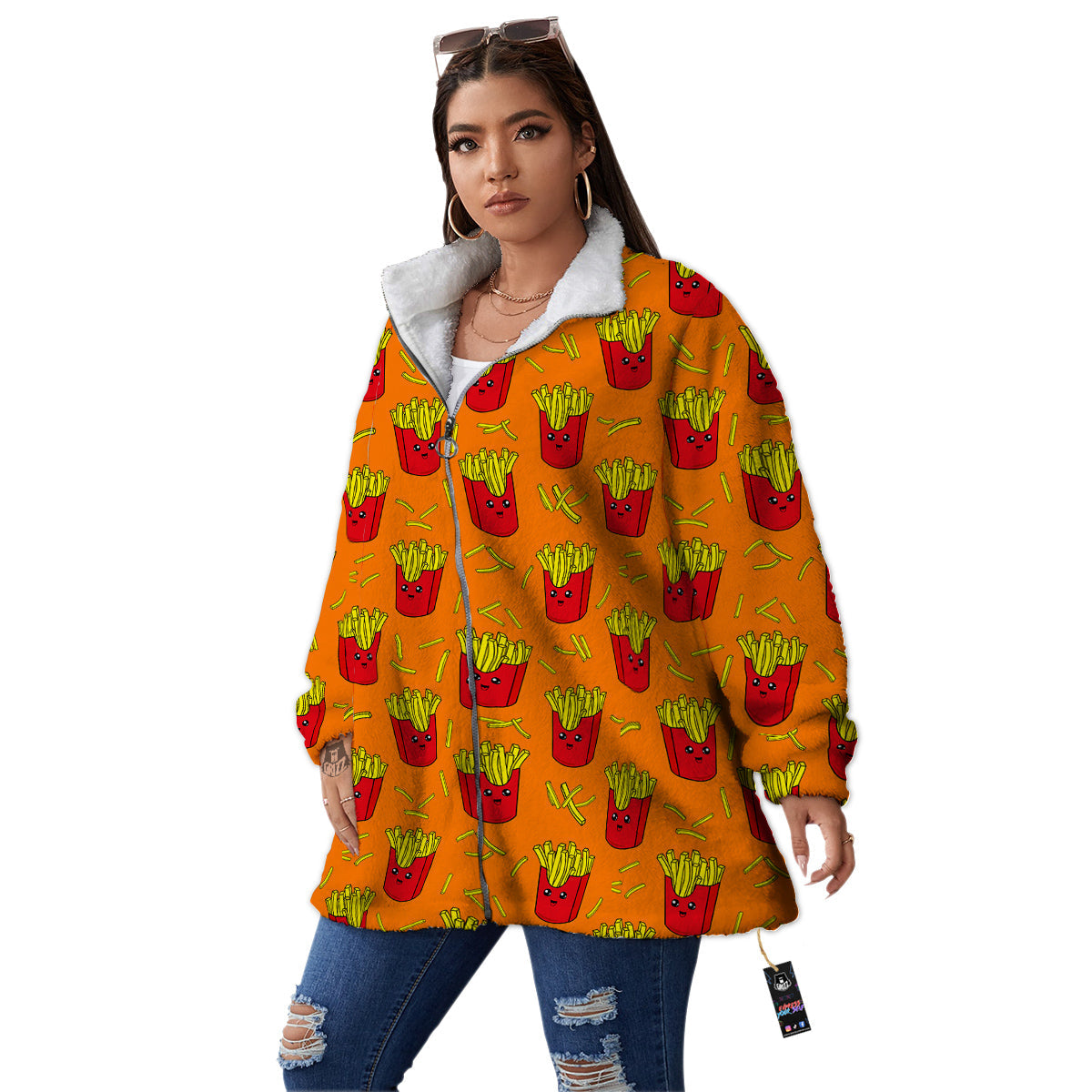French Fries Cartoon Print Pattern Women's Sherpa Jacket-grizzshop