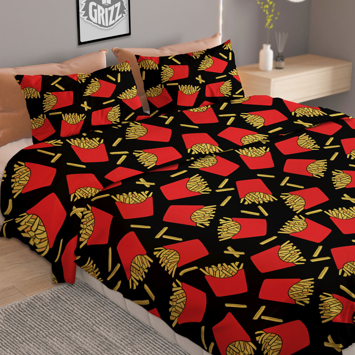 French Fries Doodle Print Pattern Duvet Cover Bedding Set