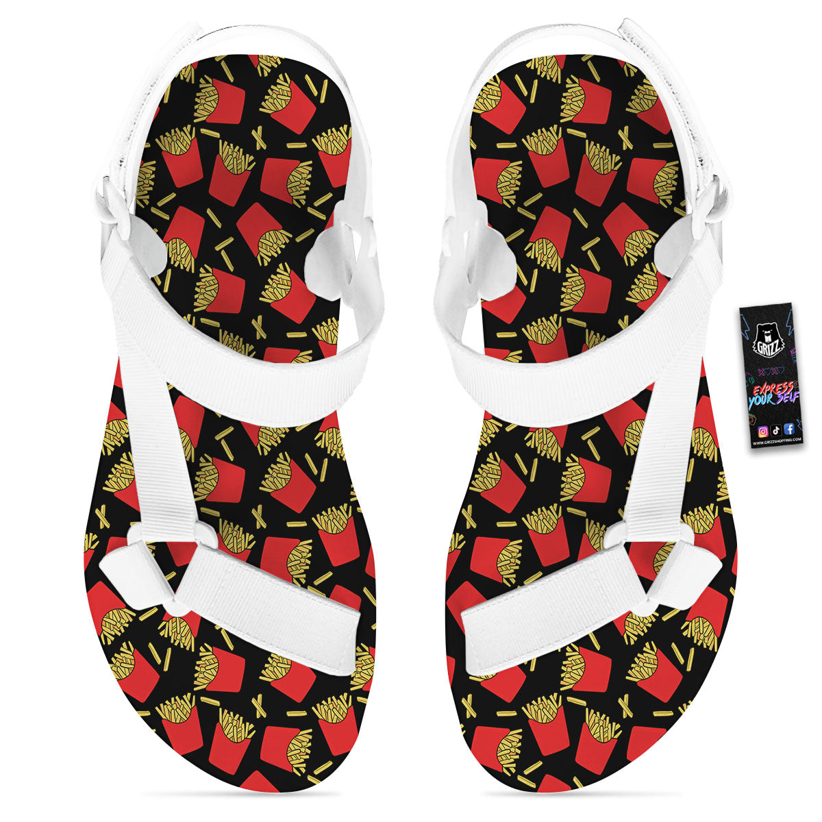 French Fries Doodle Print Pattern White Open Toe Sandals-grizzshop