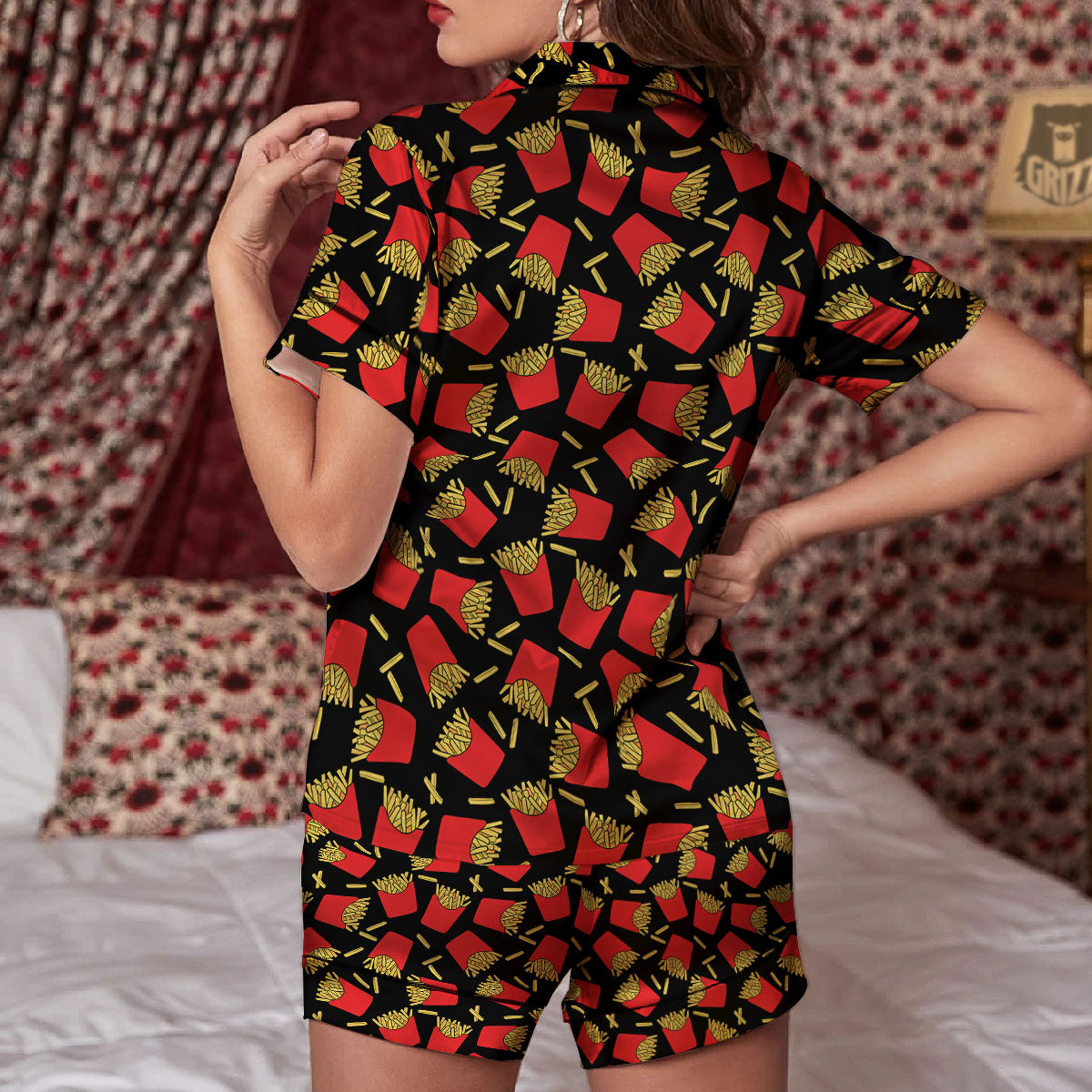 French Fries Doodle Print Pattern Women Silk Pajamas-grizzshop