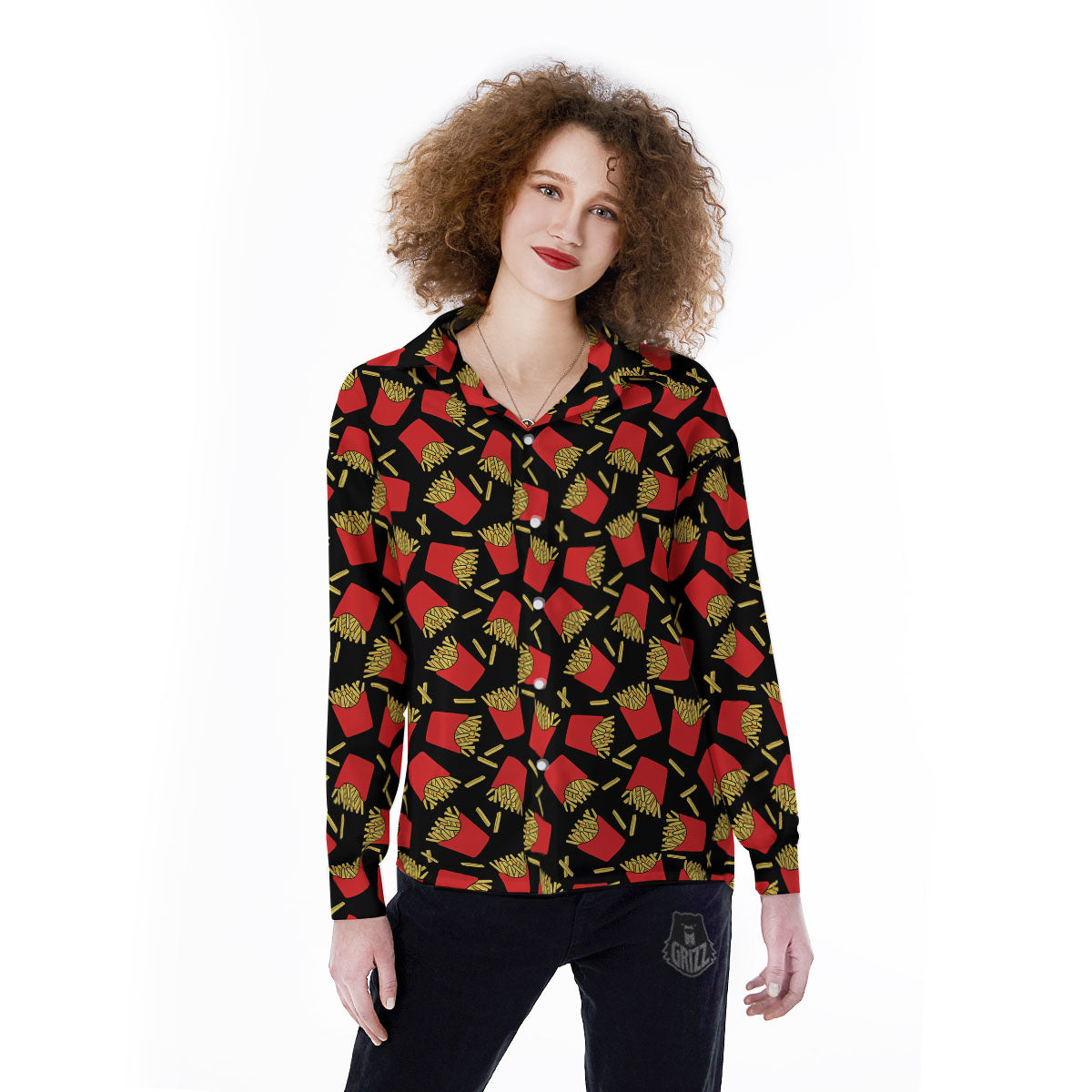 French Fries Doodle Print Pattern Women's Long Sleeve Shirts-grizzshop