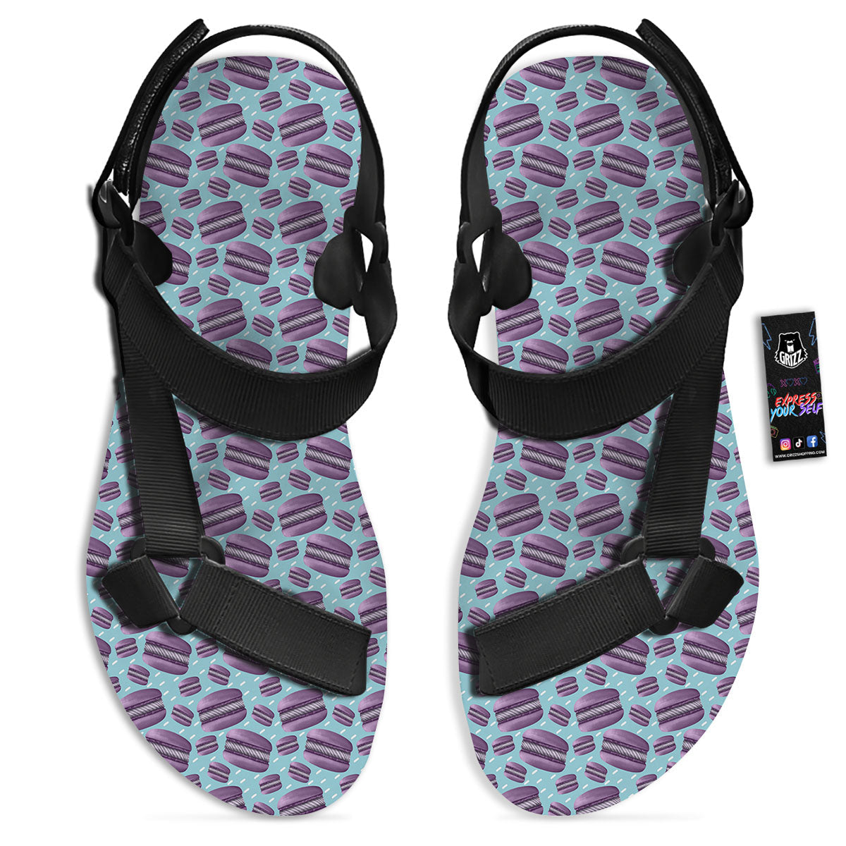 French Macarons Print Pattern Black Open Toe Sandals-grizzshop