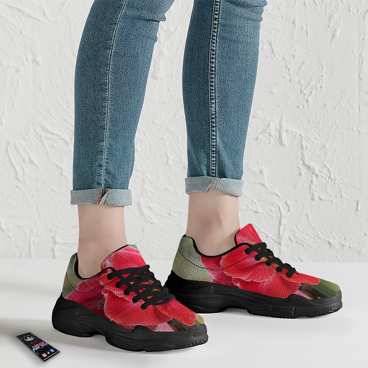 Fresh Amaryllis Print Black Chunky Shoes-grizzshop