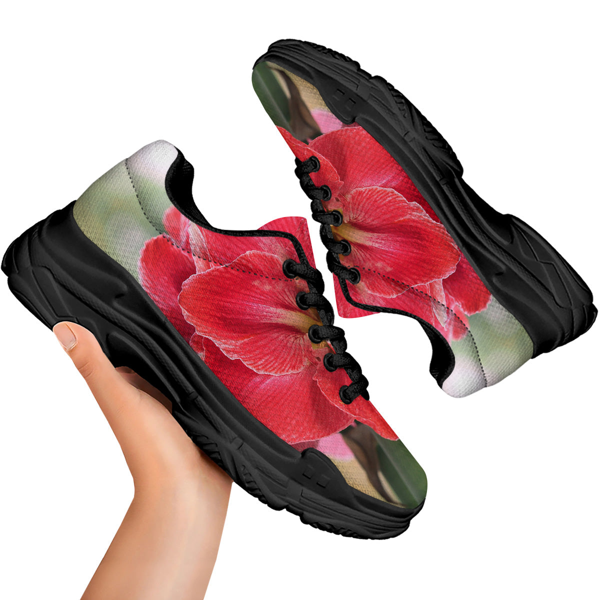 Fresh Amaryllis Print Black Chunky Shoes-grizzshop