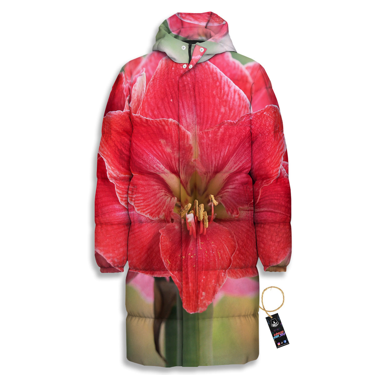 Fresh Amaryllis Print Long Down Jacket-grizzshop