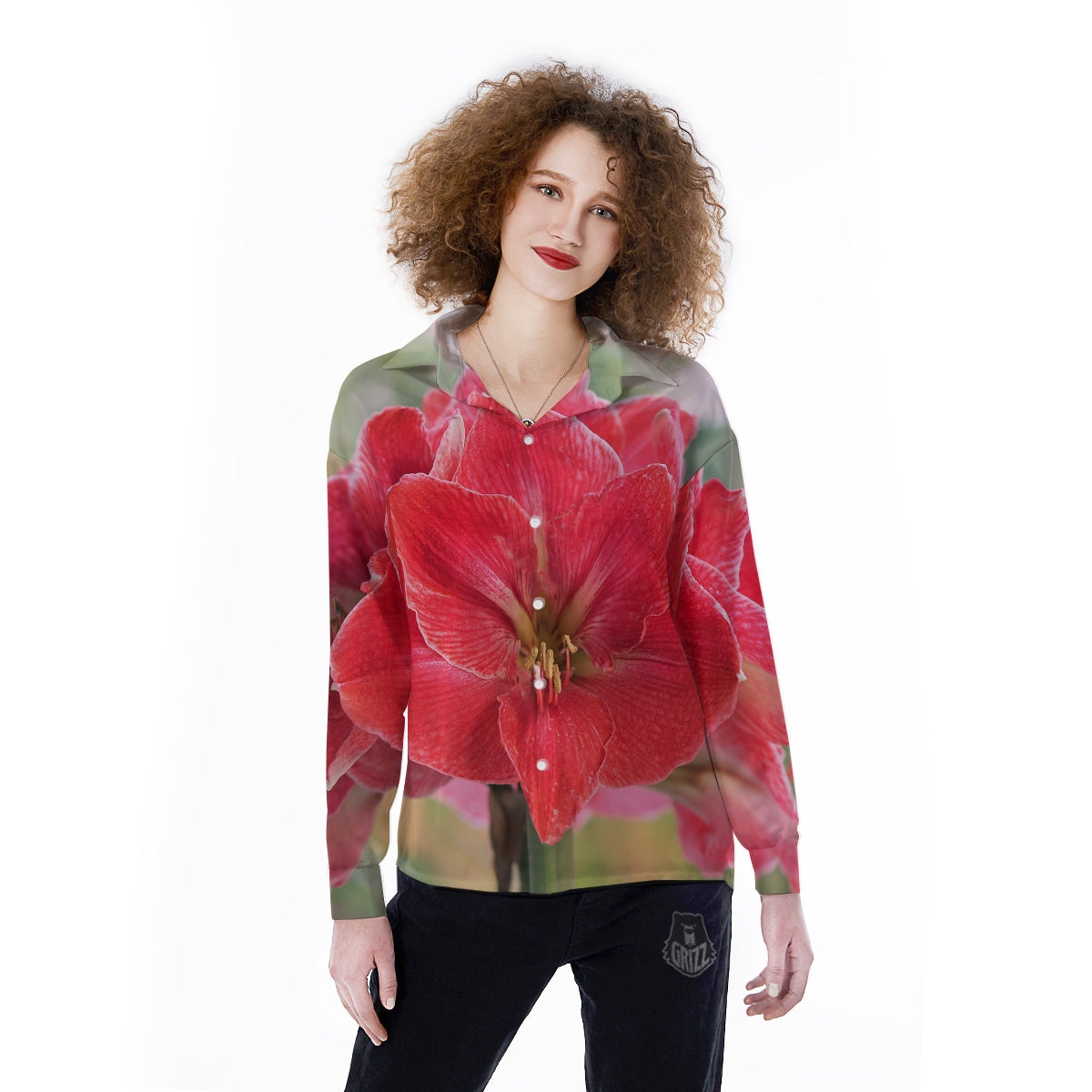 Fresh Amaryllis Print Women's Long Sleeve Shirts-grizzshop