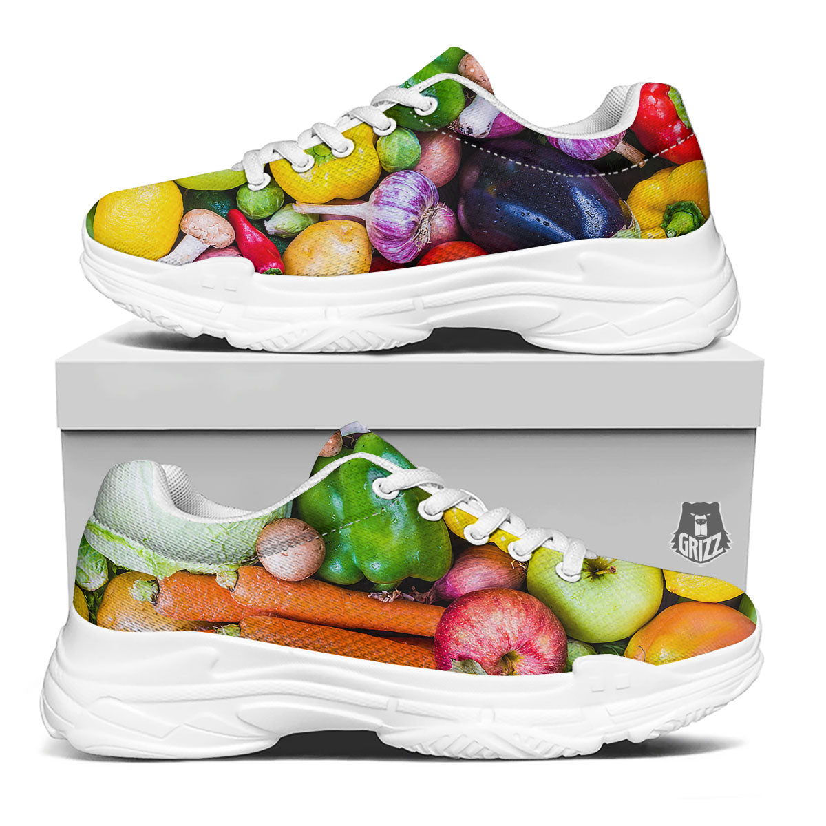 Fresh Green Fruit And Vegetables Print White Chunky Shoes-grizzshop
