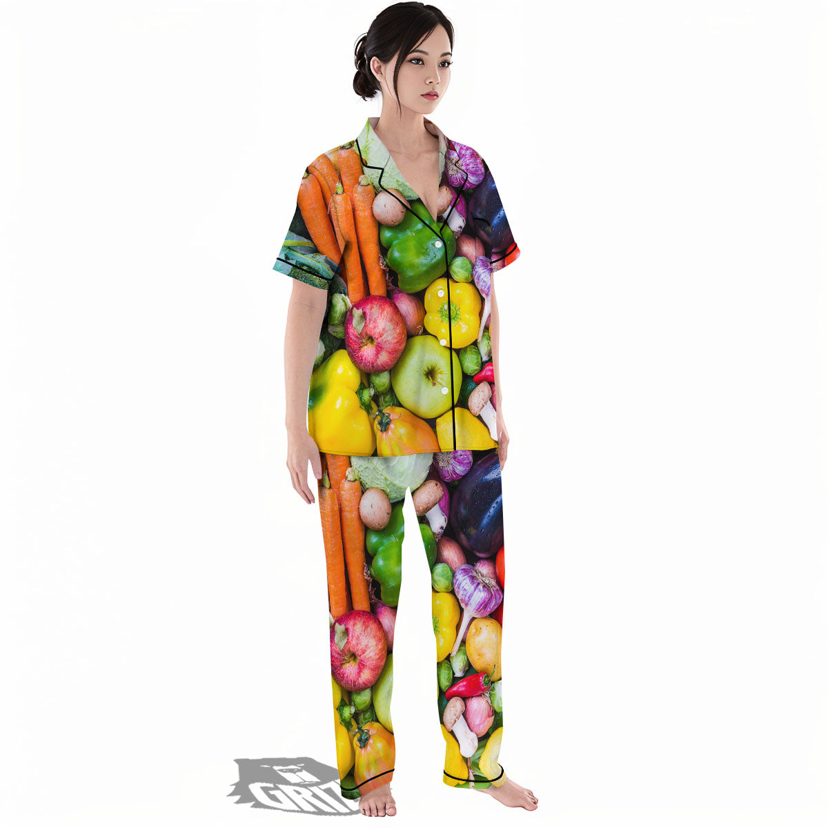 Fresh Green Fruit And Vegetables Print Women's Pajamas Set-grizzshop