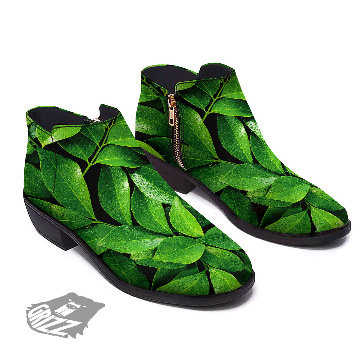 Fresh Leaf Green Print Ankle Boots-grizzshop