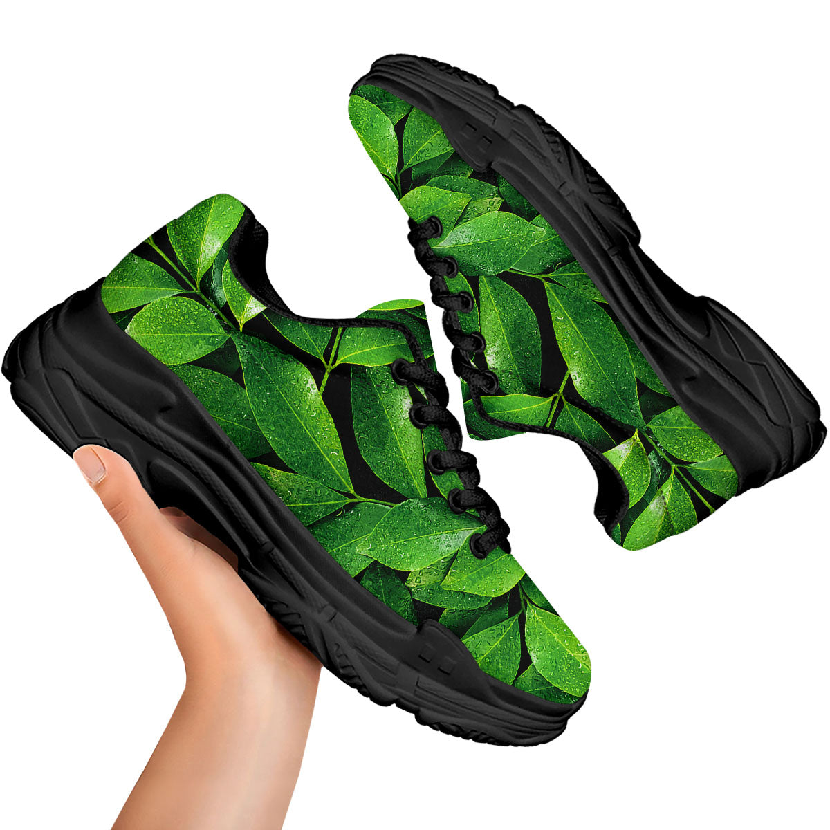Fresh Leaf Green Print Black Chunky Shoes-grizzshop