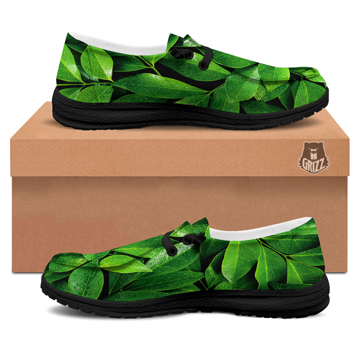 Fresh Leaf Green Print Black Loafers-grizzshop