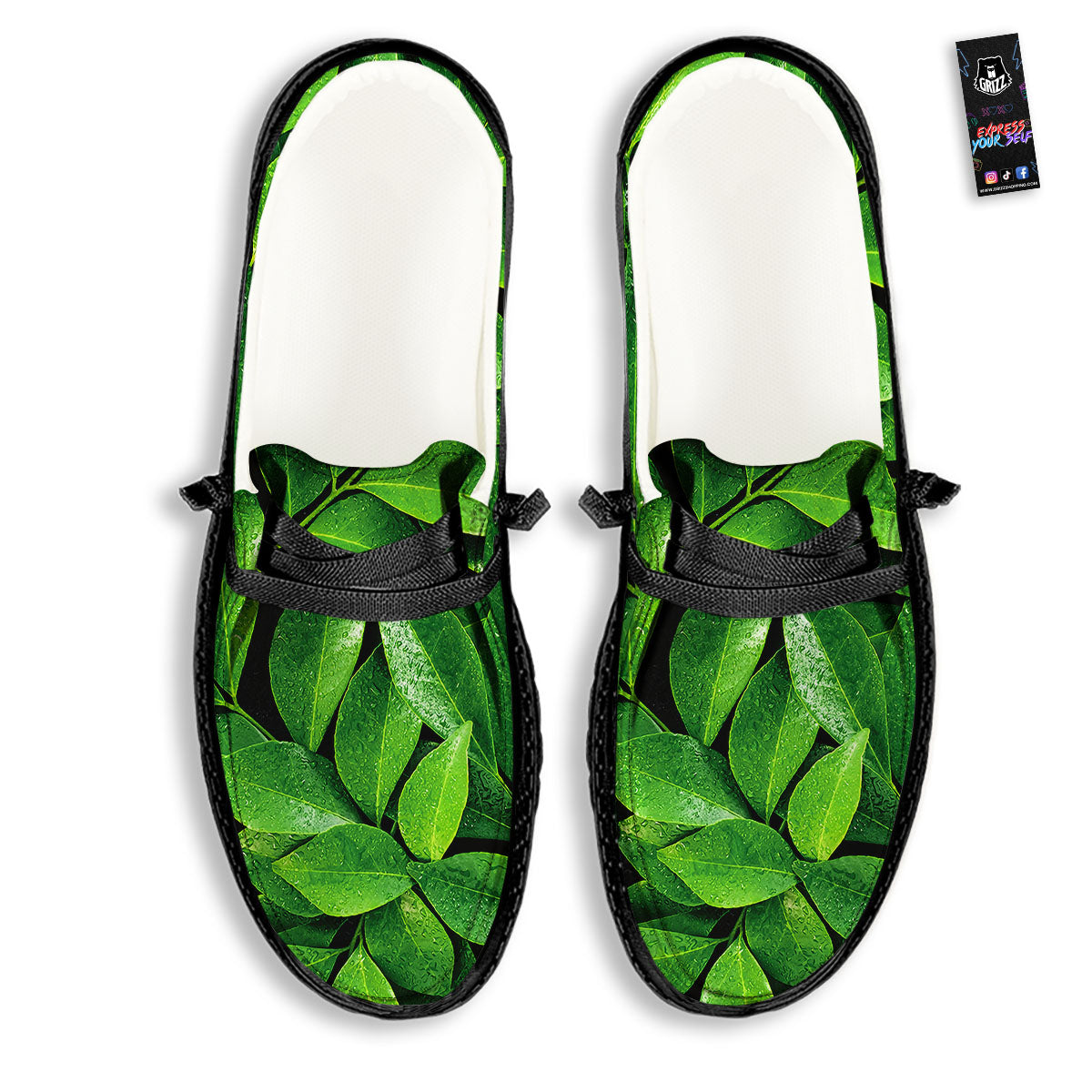 Fresh Leaf Green Print Black Loafers-grizzshop