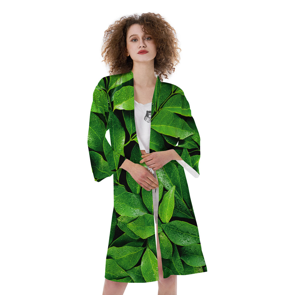 Fresh Leaf Green Print Kimono-grizzshop