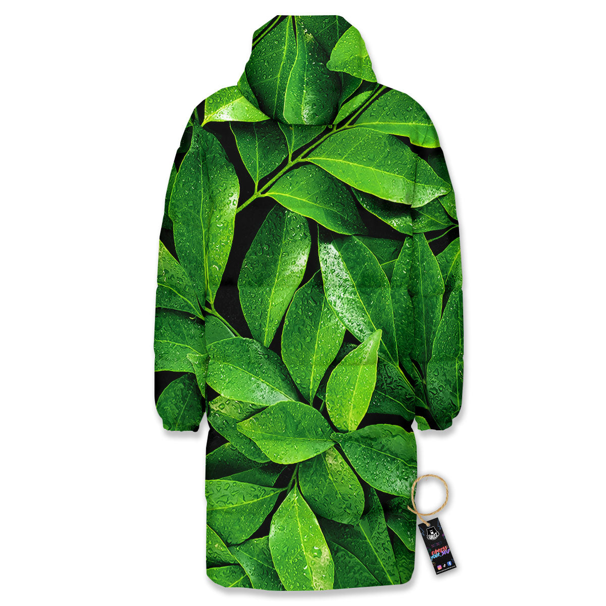 Fresh Leaf Green Print Long Down Jacket-grizzshop