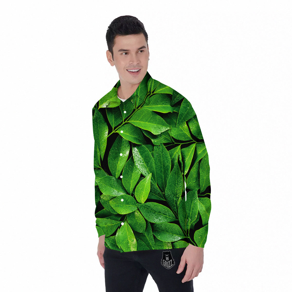 Fresh Leaf Green Print Men's Long Sleeve Shirts-grizzshop