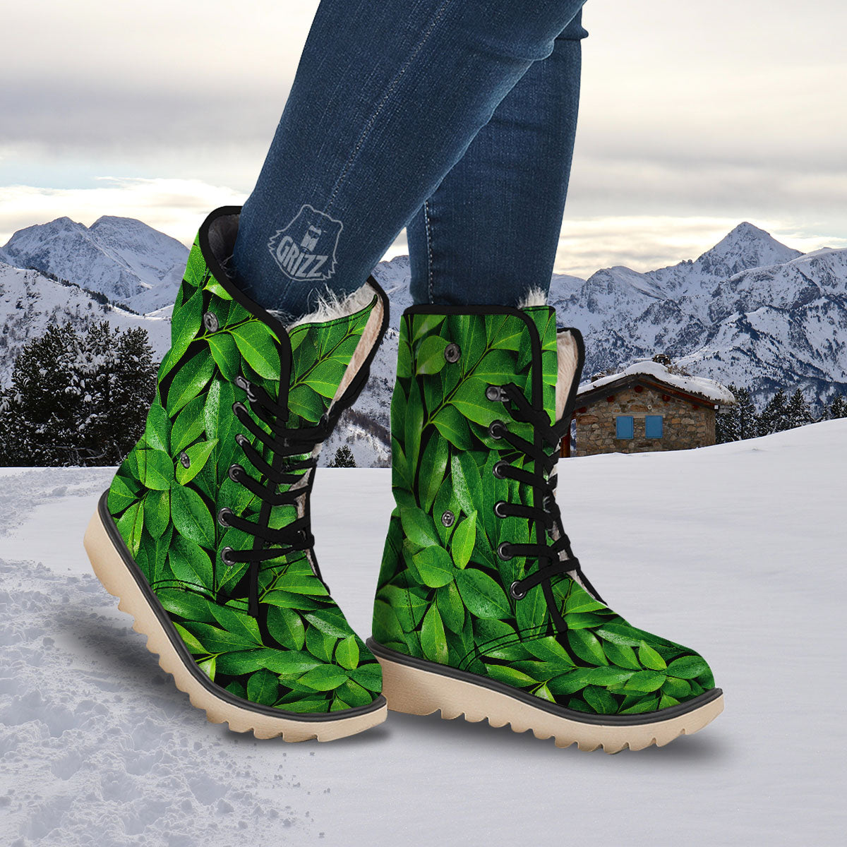Fresh Leaf Green Print Snow Boots-grizzshop