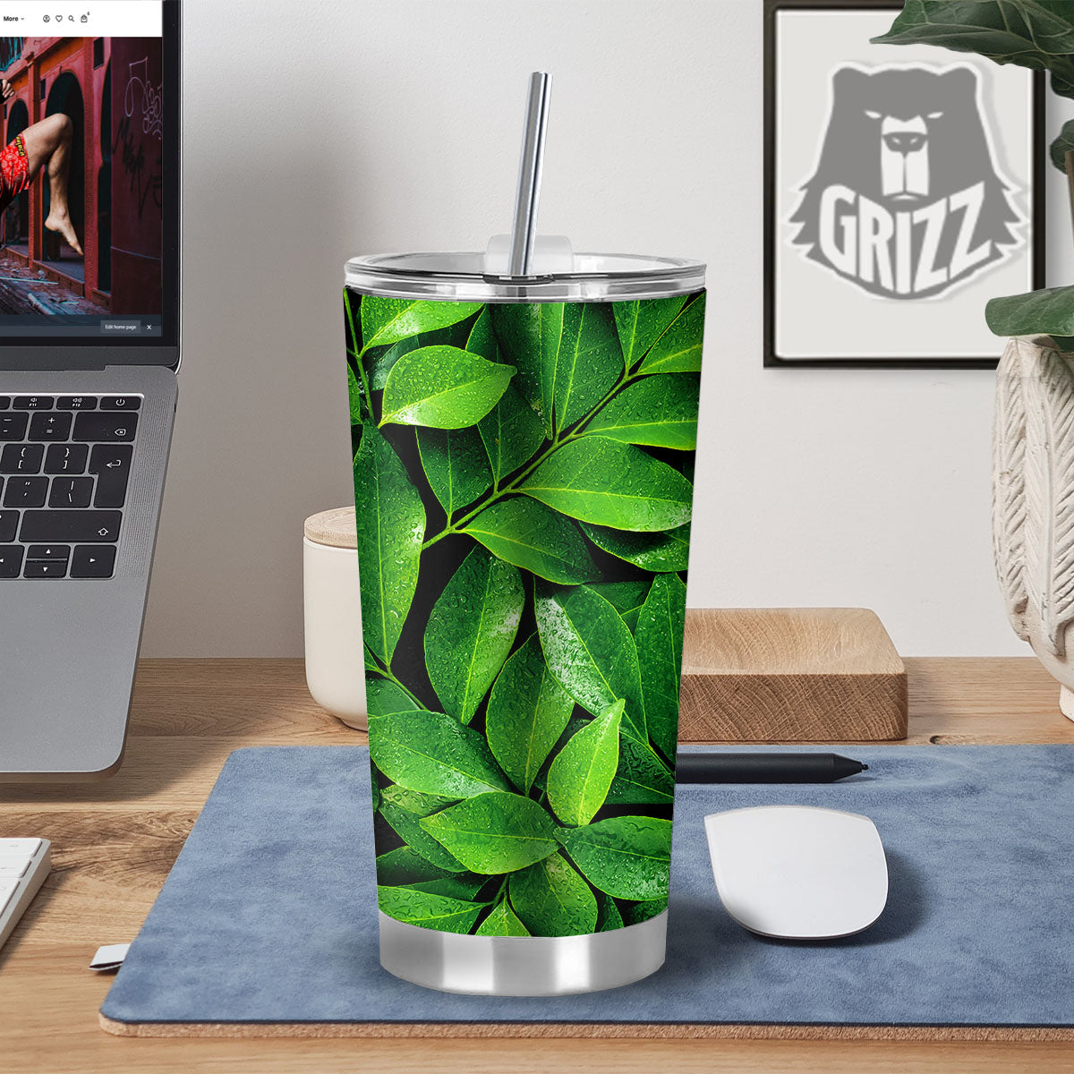 Fresh Leaf Green Print Tumbler-grizzshop