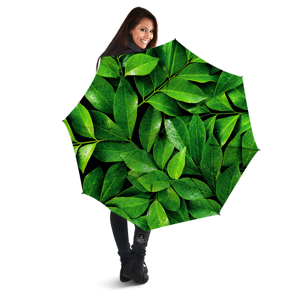 Fresh Leaf Green Print Umbrella-grizzshop