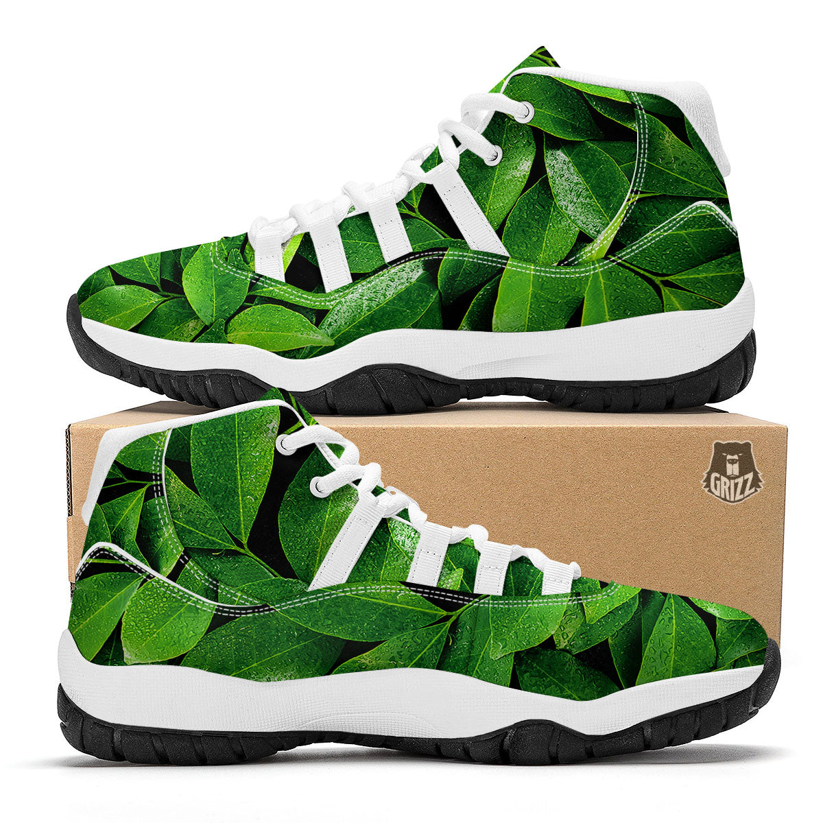 Fresh Leaf Green Print White Bball Shoes-grizzshop