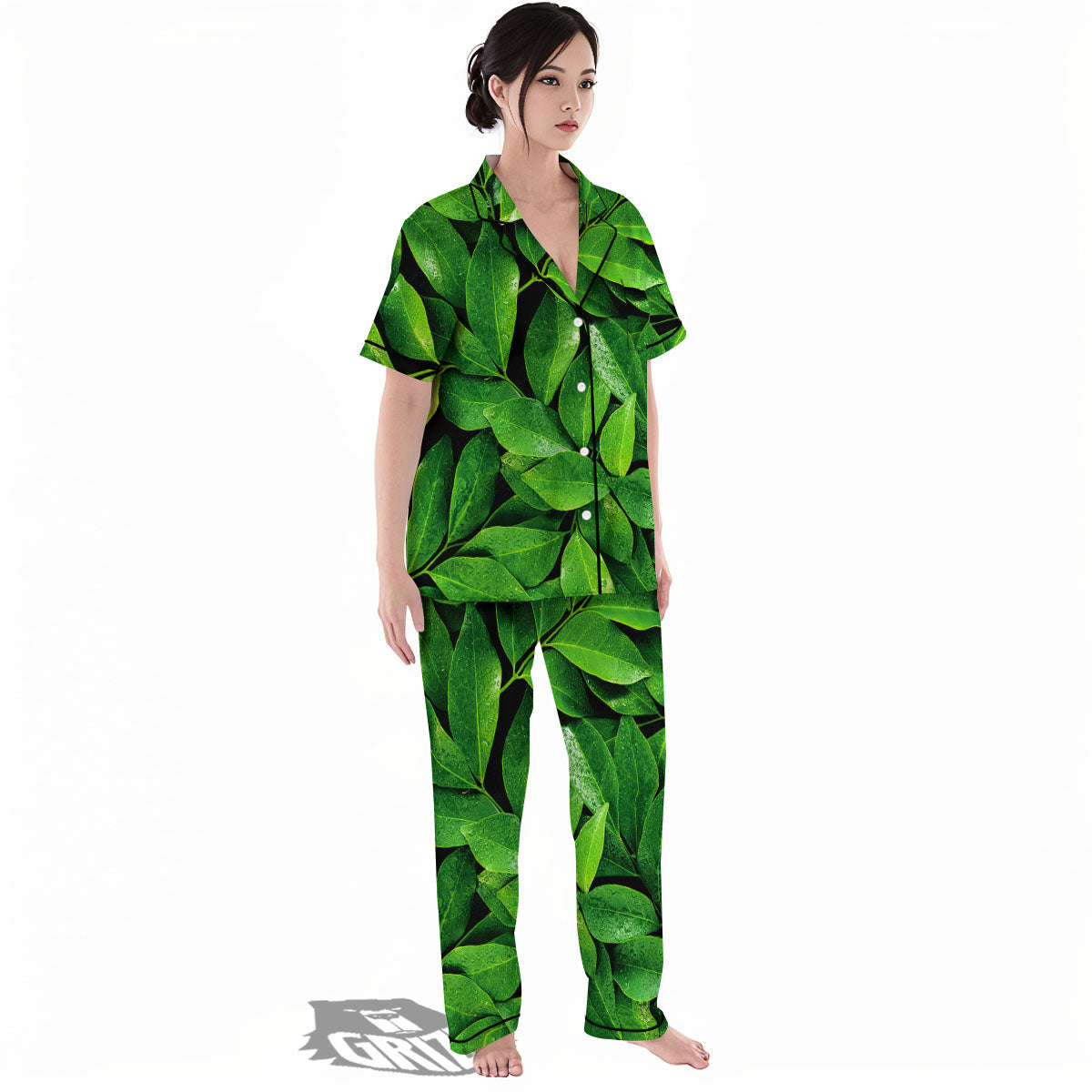 Fresh Leaf Green Print Women's Pajamas Set-grizzshop