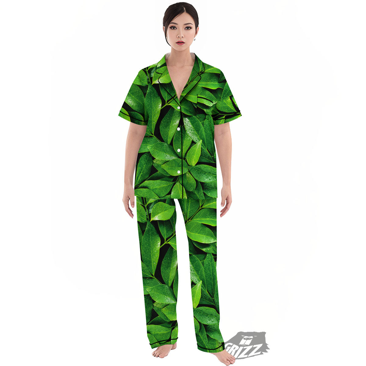 Fresh Leaf Green Print Women's Pajamas Set-grizzshop