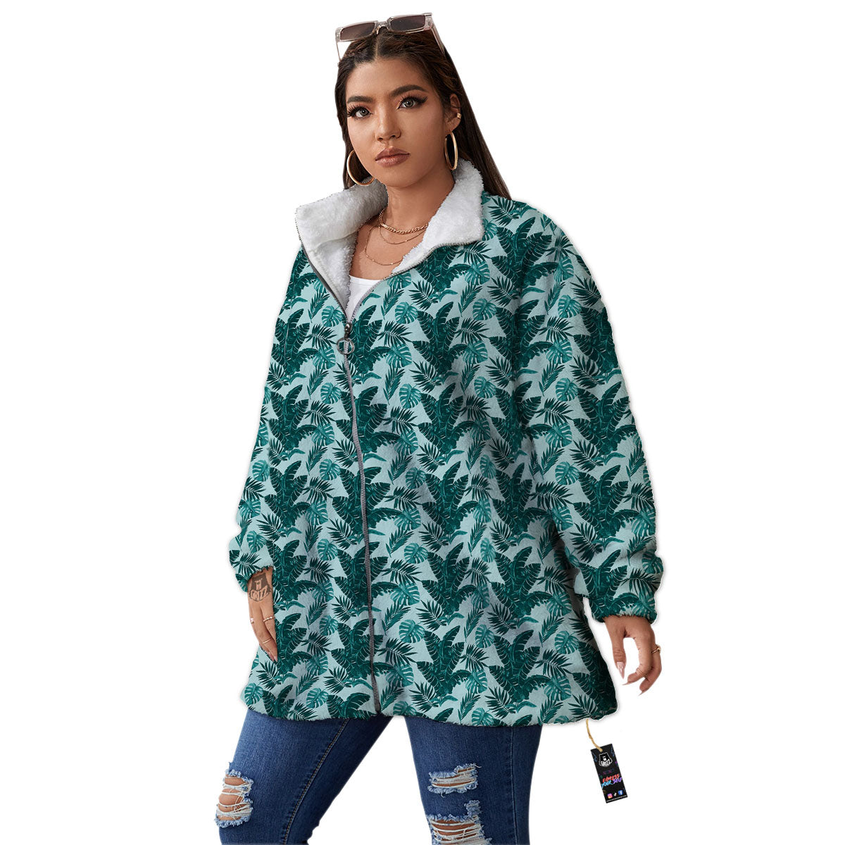 Fresh Leaf Tropical Print Women's Sherpa Jacket-grizzshop
