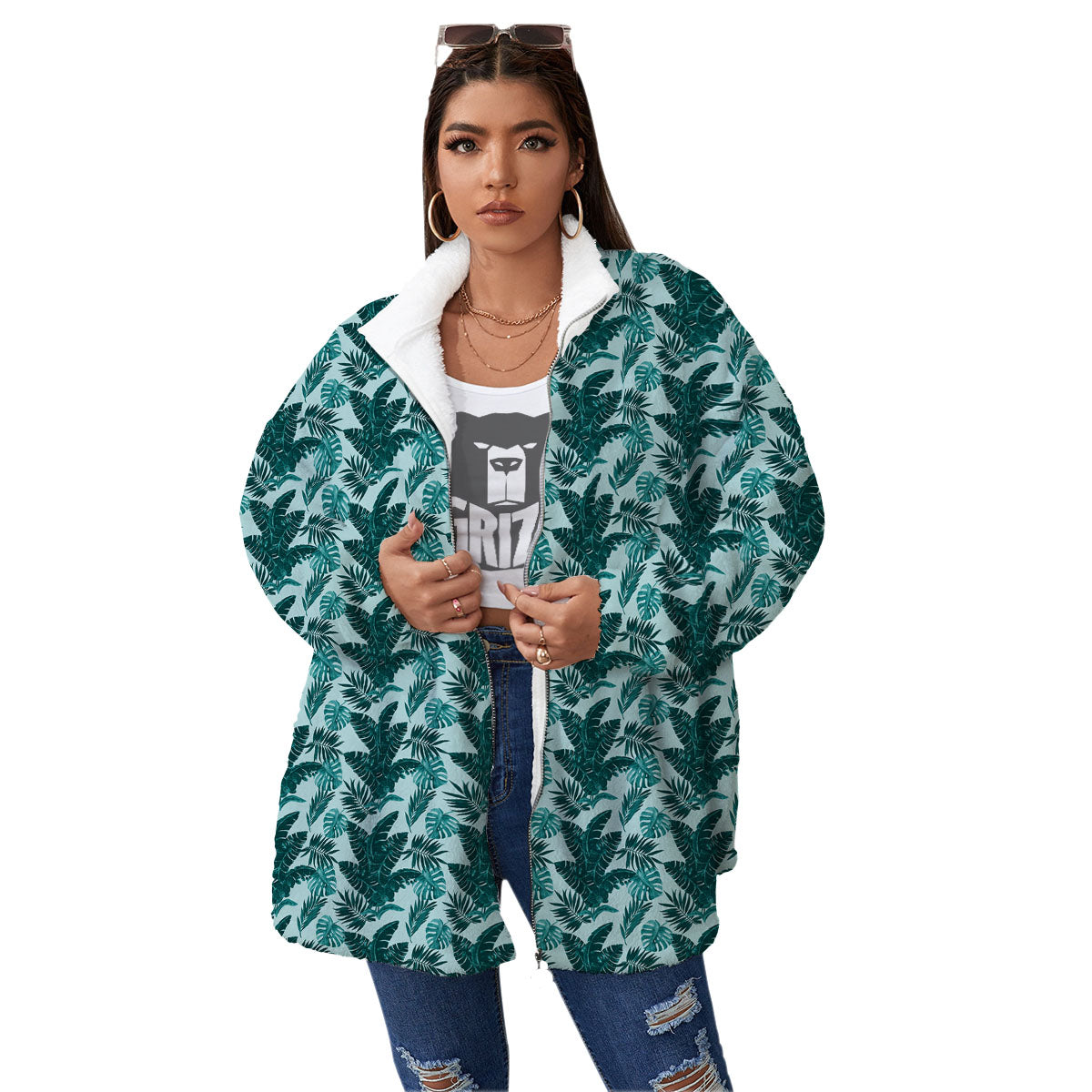 Fresh Leaf Tropical Print Women's Sherpa Jacket-grizzshop