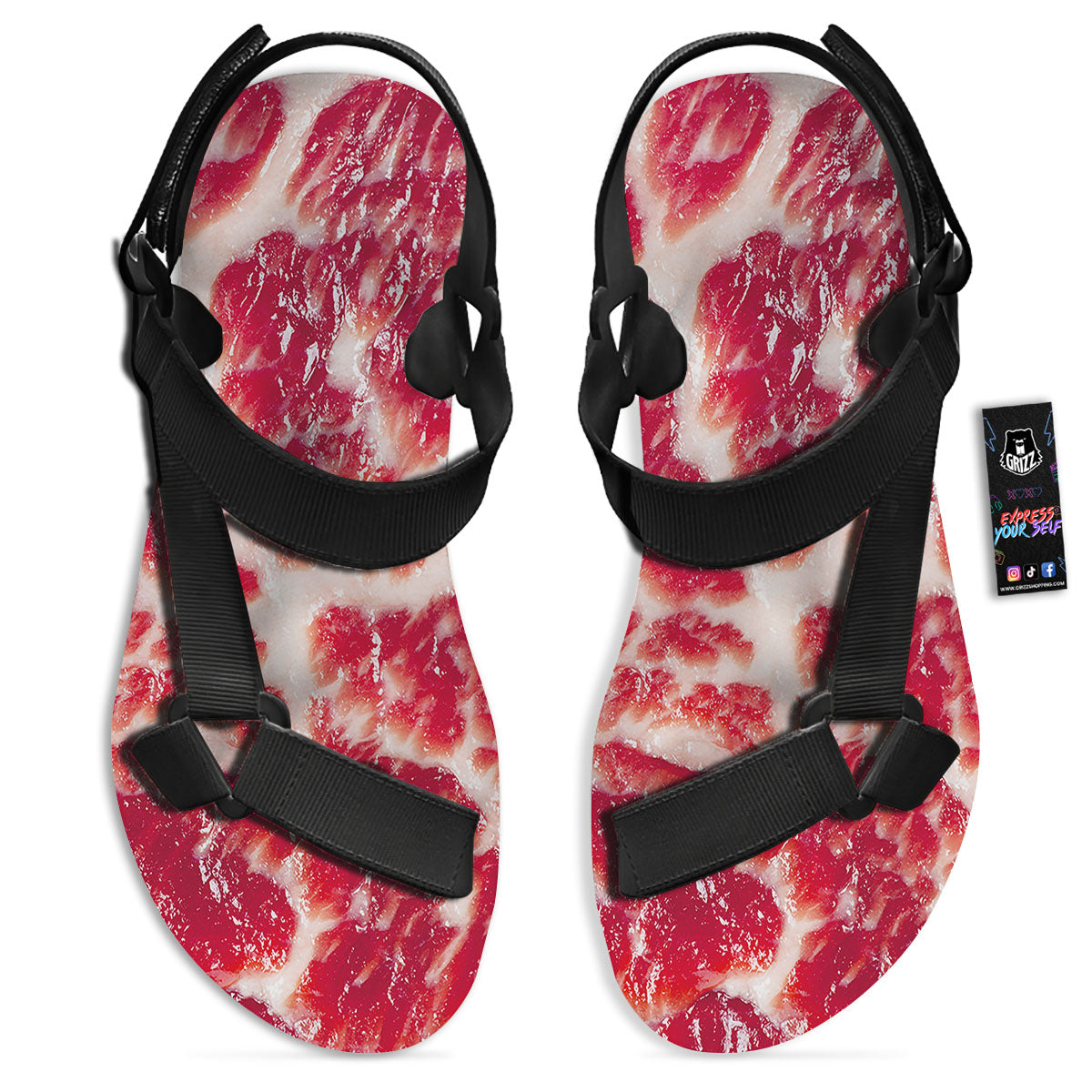 Fresh Meat Print Black Open Toe Sandals-grizzshop