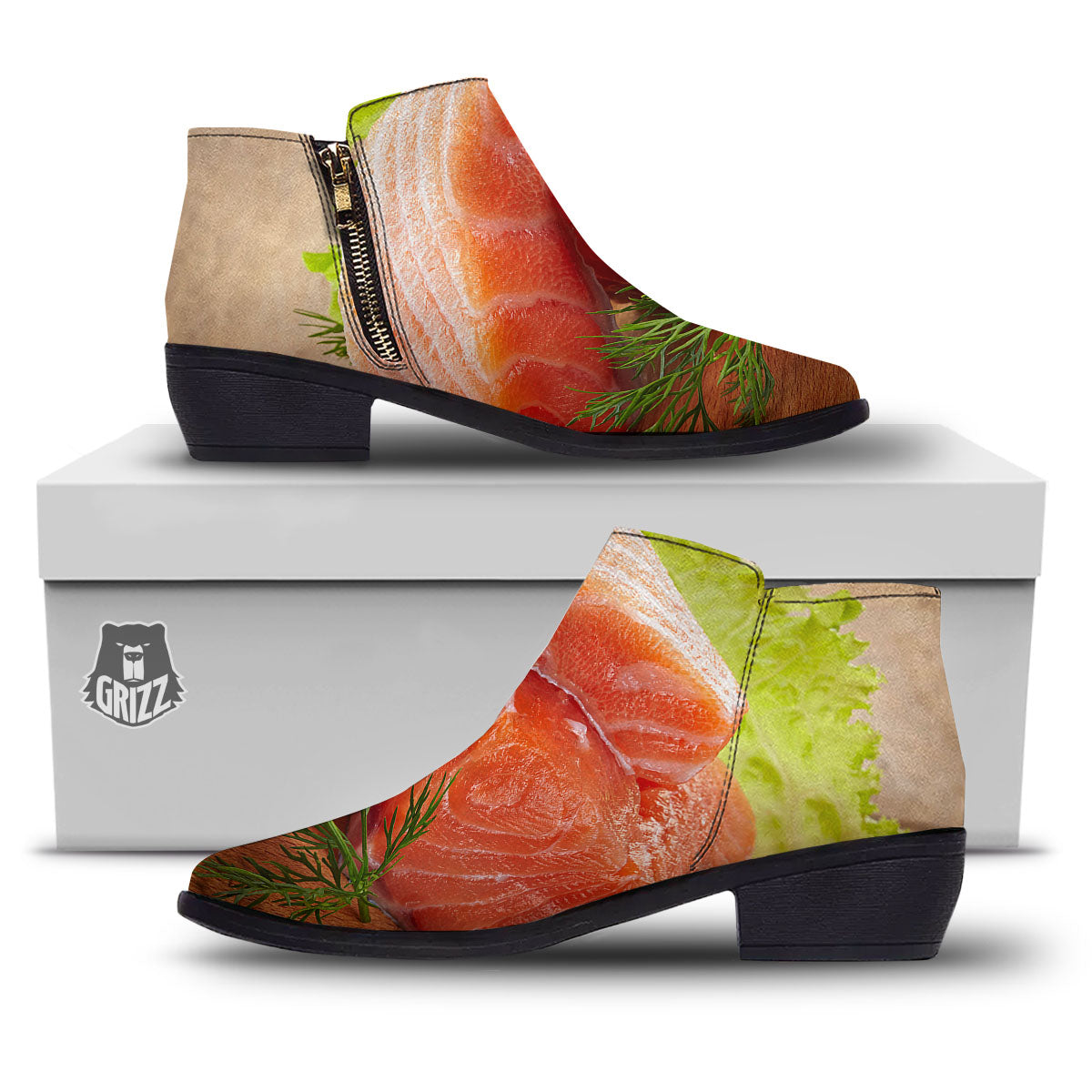 Fresh Salmon Print Ankle Boots-grizzshop