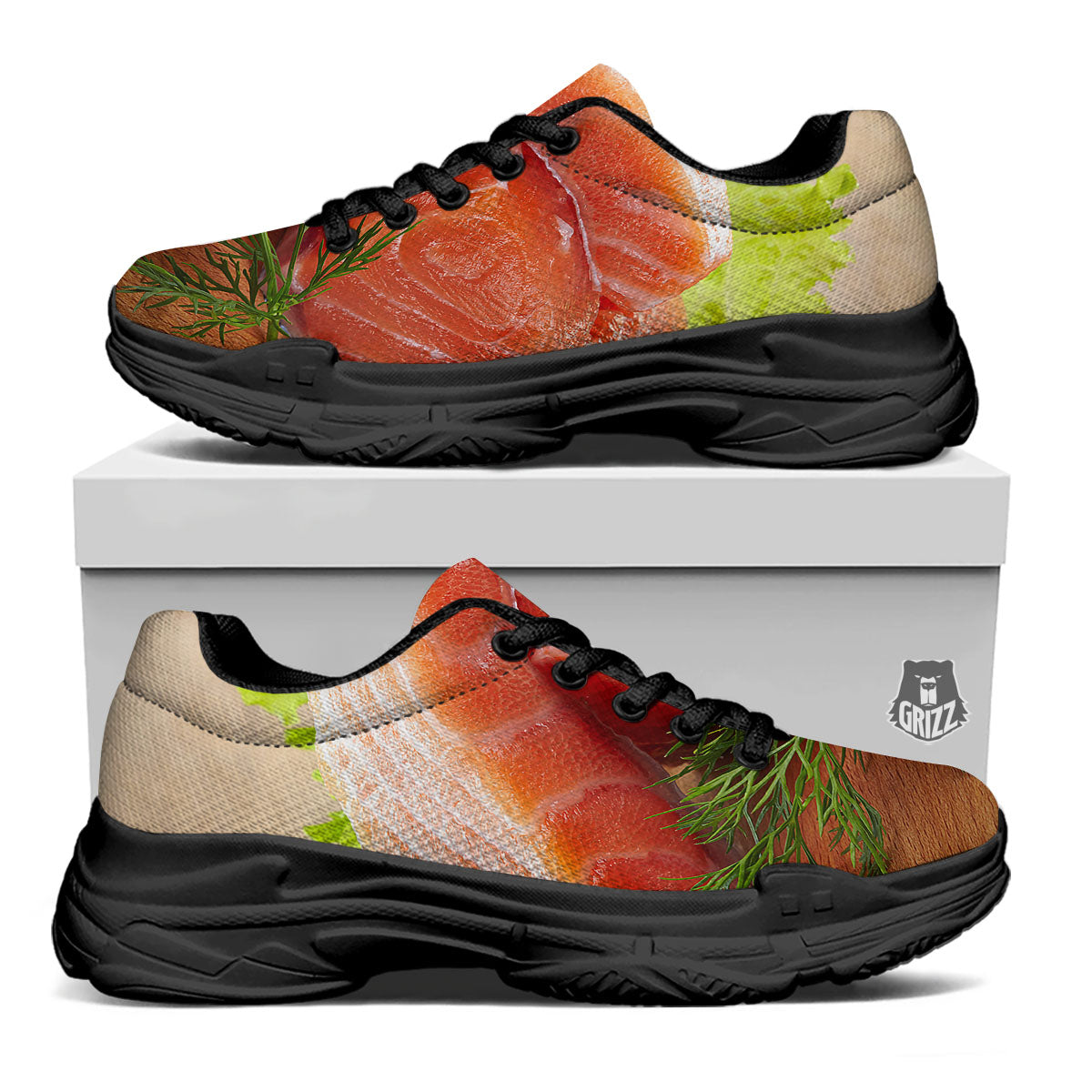 Fresh Salmon Print Black Chunky Shoes-grizzshop