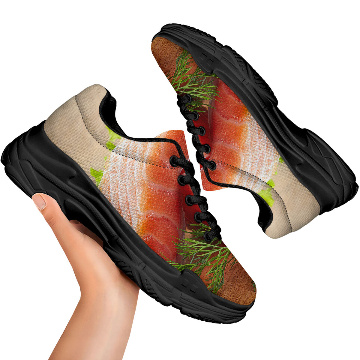 Fresh Salmon Print Black Chunky Shoes-grizzshop