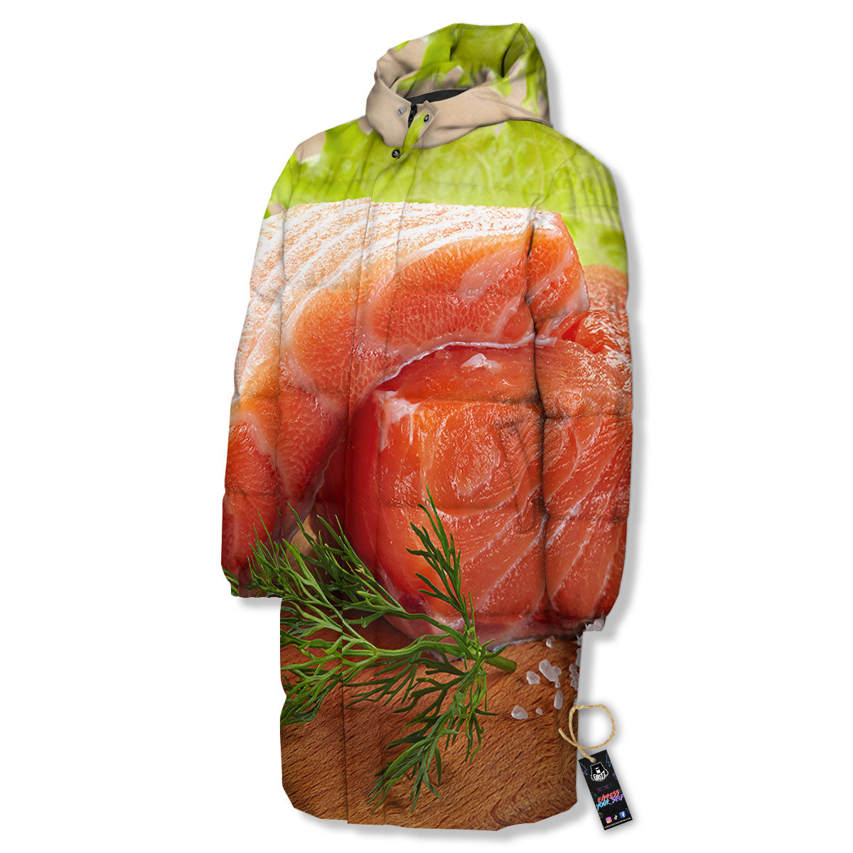 Fresh Salmon Print Long Down Jacket-grizzshop