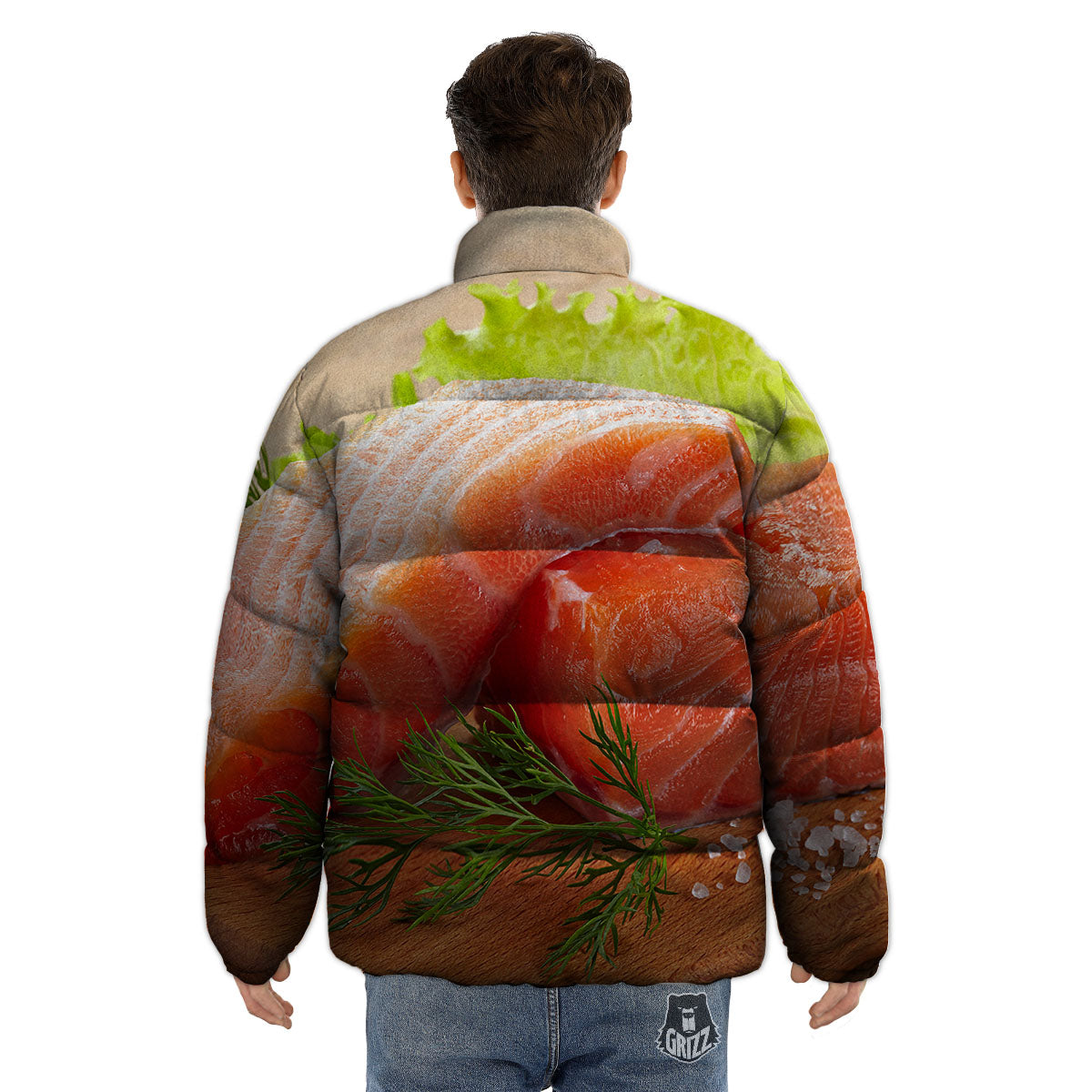 Fresh Salmon Print Puffer Jacket-grizzshop