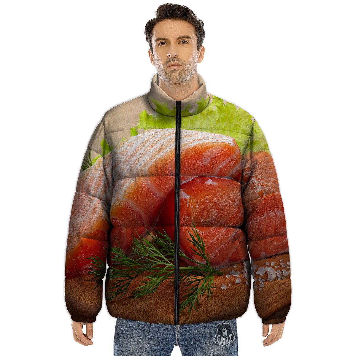 Fresh Salmon Print Puffer Jacket-grizzshop