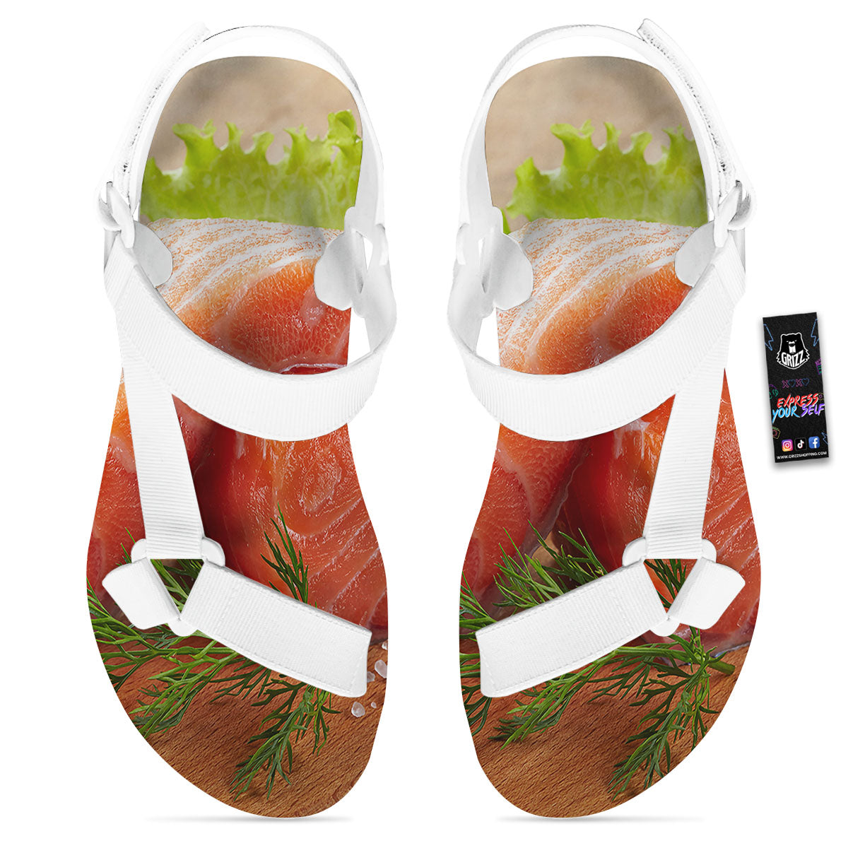Fresh Salmon Print White Open Toe Sandals-grizzshop