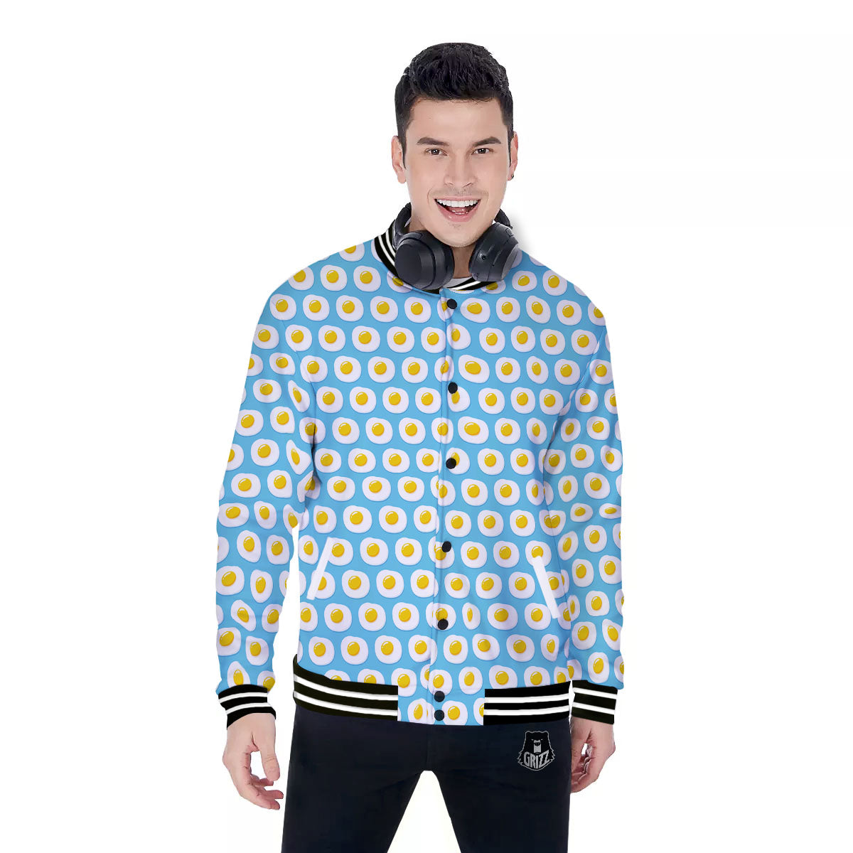 Fried Eggs Blue Print Pattern Baseball Jacket-grizzshop