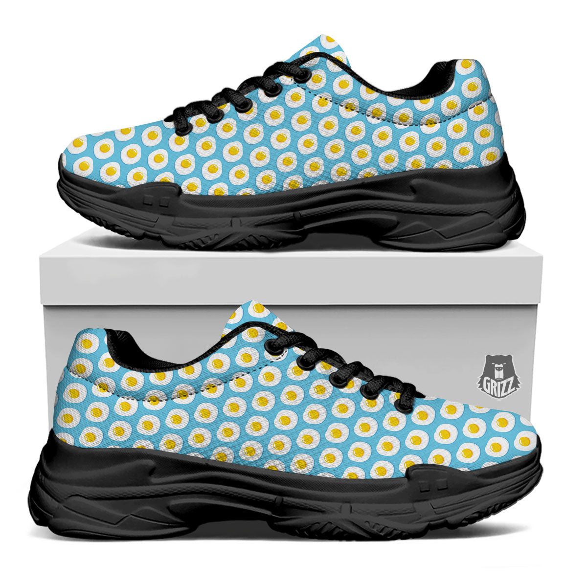 Fried Eggs Blue Print Pattern Black Chunky Shoes-grizzshop