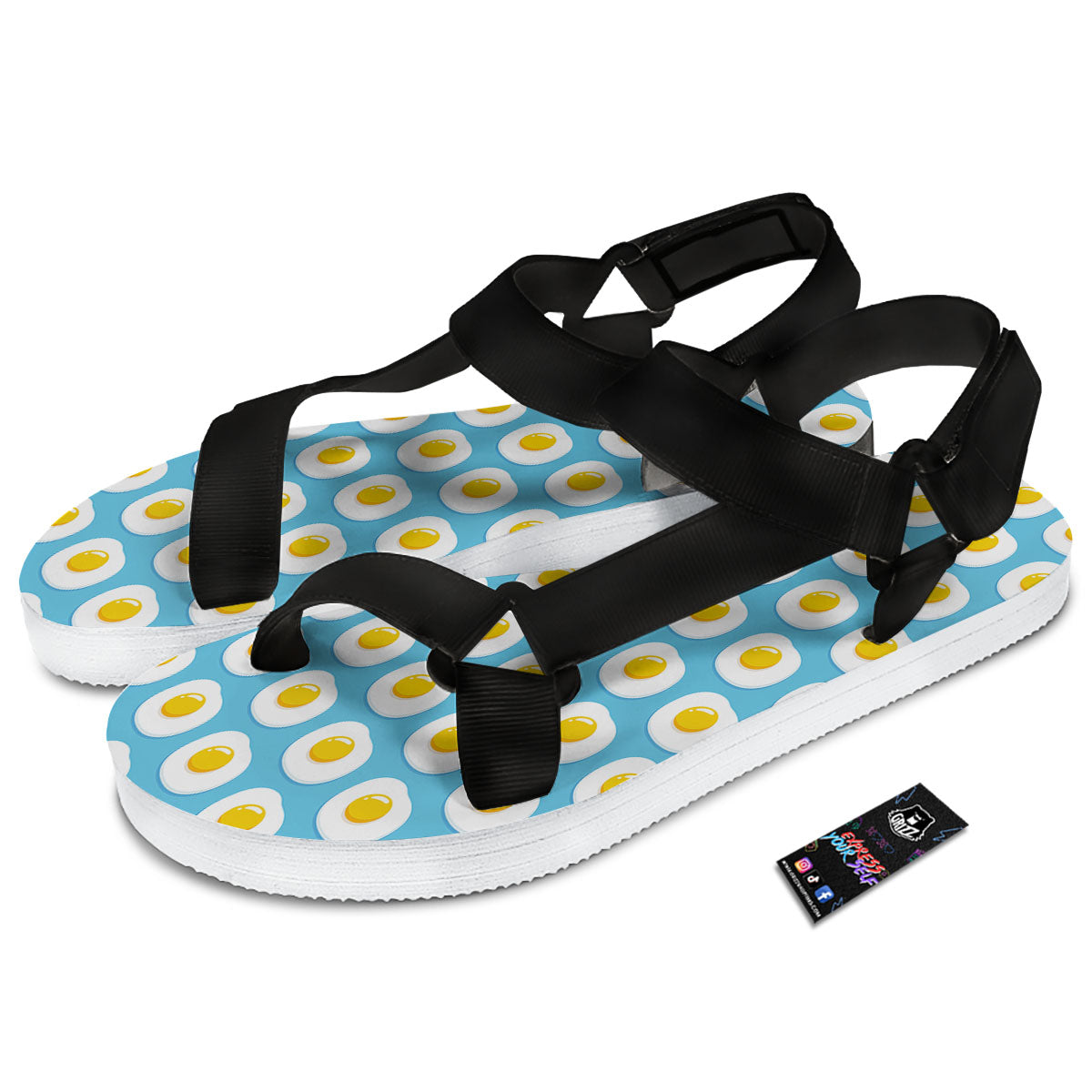 Fried Eggs Blue Print Pattern Black Open Toe Sandals-grizzshop